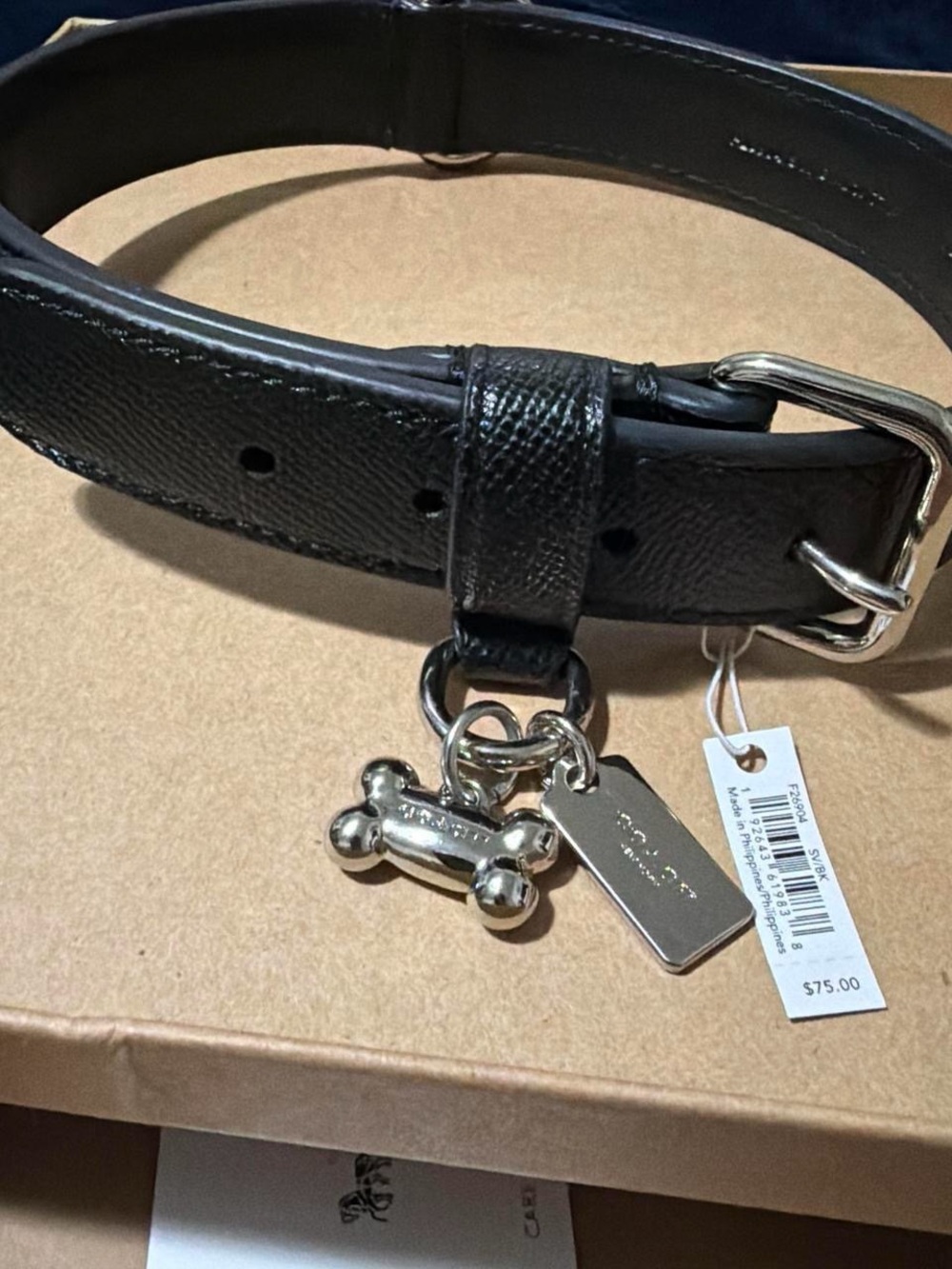 Coach Leather Dog Collar with silver charms size Large